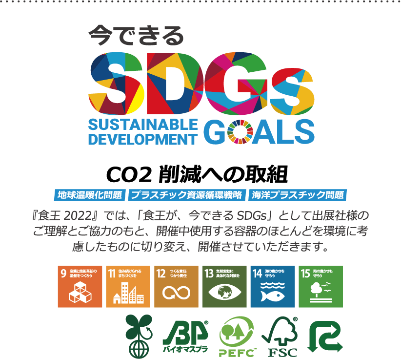 『食王2022』では、「食王が、今できるSDGs」として出展社様のご理解とご協力のもと、開催中使用する容器のほとんどを環境に考慮したものに切り変え、開催させていただきます。